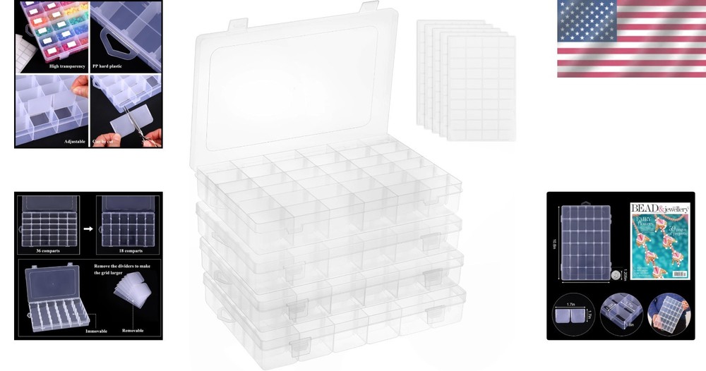 4 Pack 36 Grid Clear Bead Organizer Boxes with Adjustable Compartments & Labels