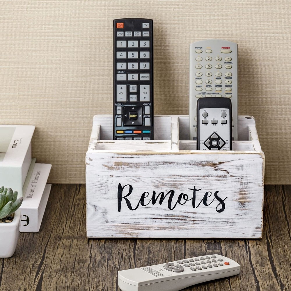 Whitewashed Wood Remote Control Holder Organizer / Tabletop Media Storage Caddy