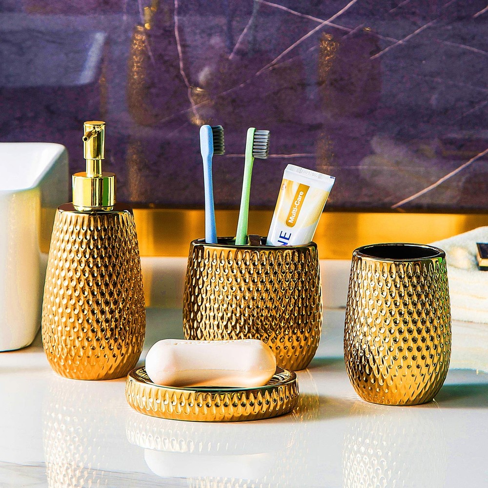 Gold Bathroom Accessory Set 4 Piece Ceramic Bath Accessories Sets Complete, R...