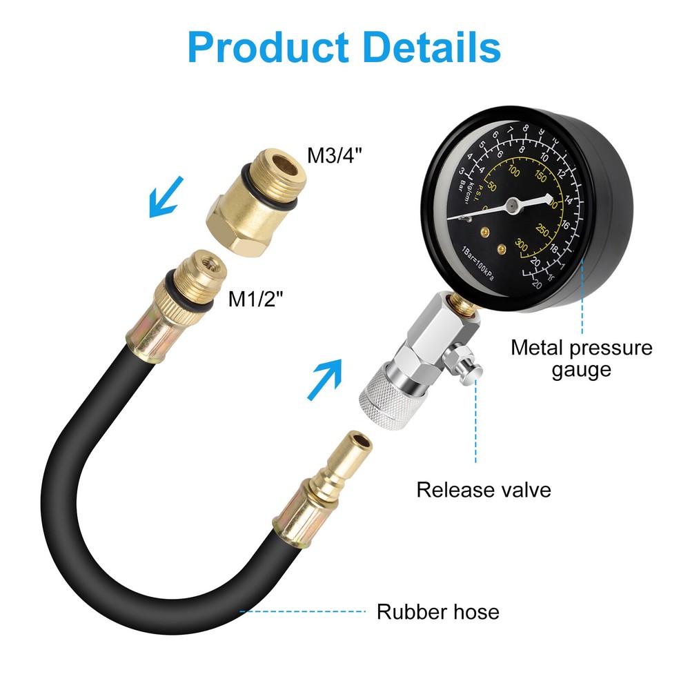 Compression Tester Gauge Kit Triple Scale Tool for Engine Cylinder Test 0-300PSI
