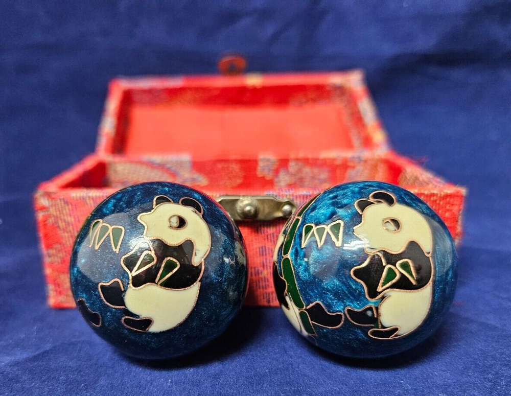 Vintage Chinese Baoding Balls Original Box & Sticker, Chimes, Blue w Panda Bears