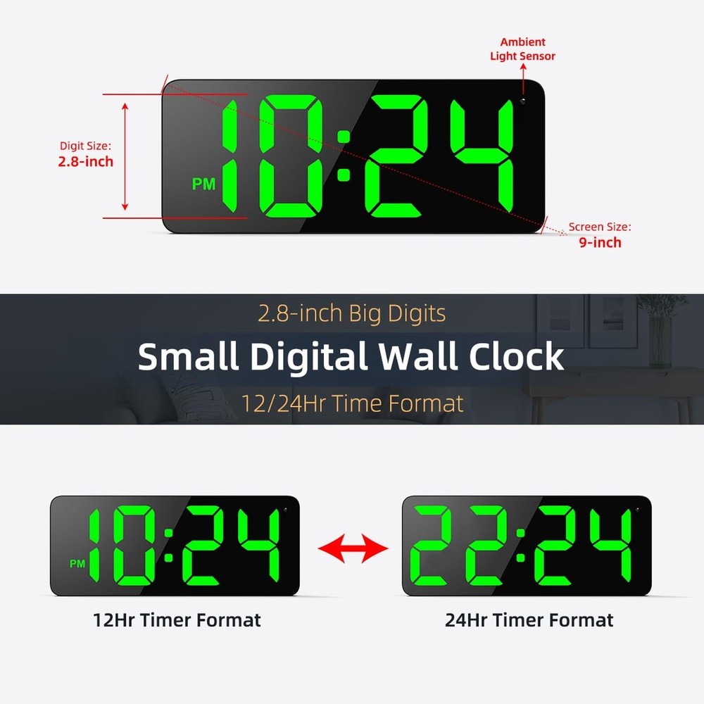 LED Digital Wall Clock with Large Display, Big Digits, Auto-Brightness, 12/24...