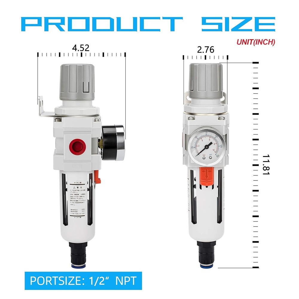 1/2" NPT Air Filter/Regulator with Auto Drain & Durable Brass Element