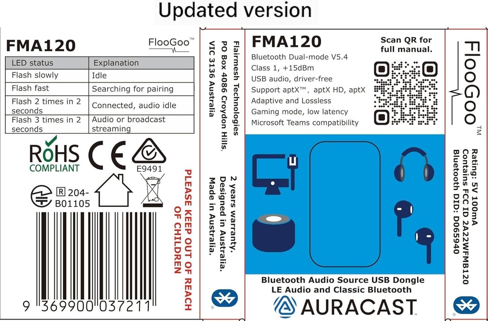 Bluetooth Audio Adapter, Dual‑Mode aptX