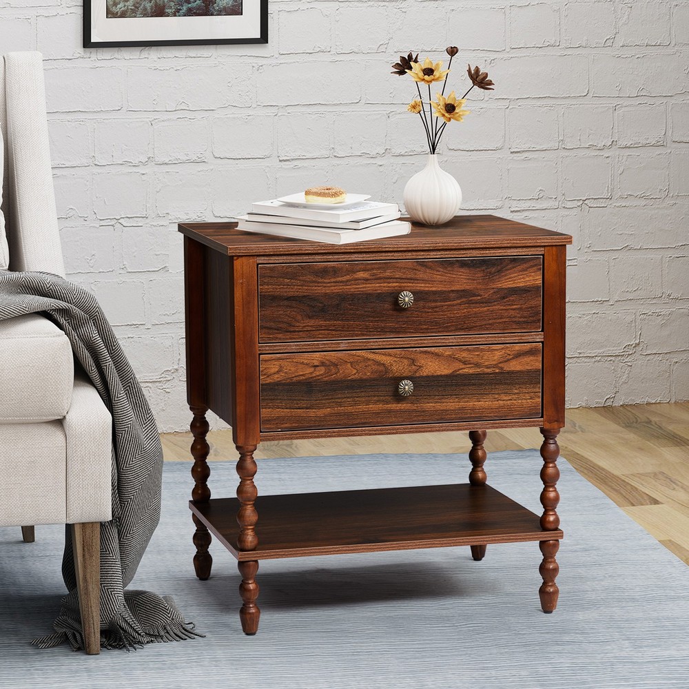 P2 Particleboard with 3D Paper +Solid Wood Legs with Lower Divider Bedside Table