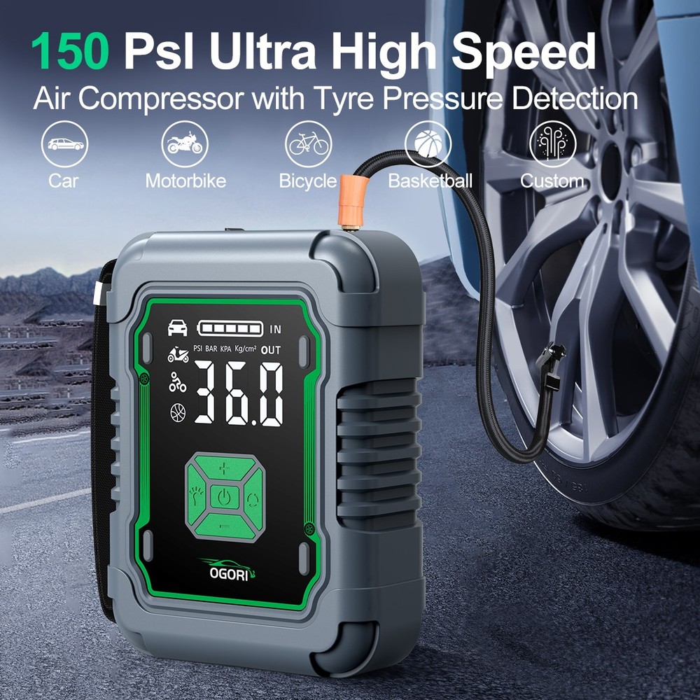 9500A Portable Jump Starter with Air Compressor, LED Light, Power Bank & Case US