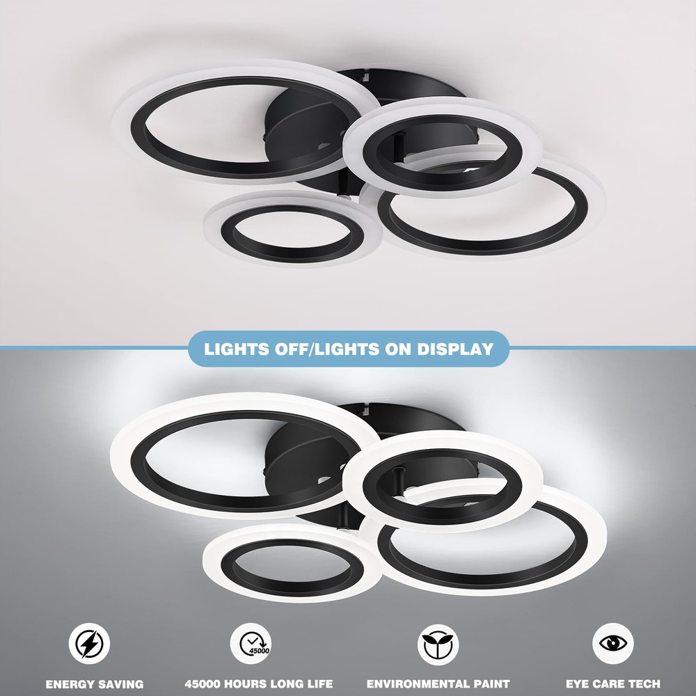 Vikaey Modern LED Flush Mount Ceiling Light, 4 Rings Black 4-Light,
