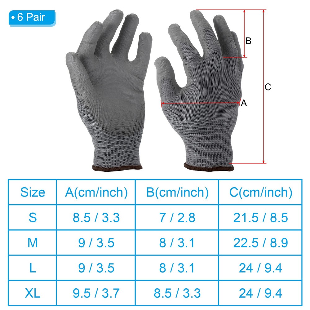 6 Pair Safety Work Gloves PU Coating Medium Working Glove with Grip, Gray