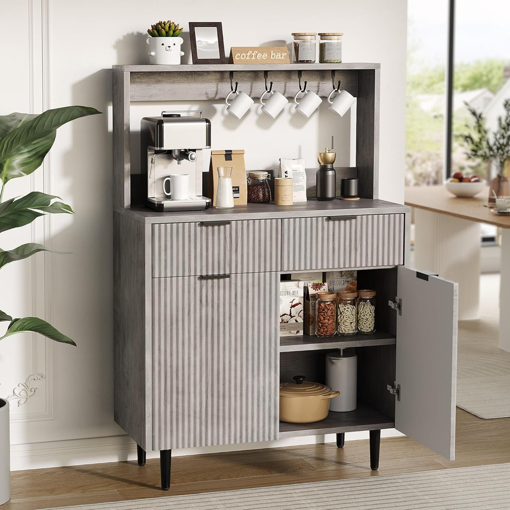 Modern Grey Fluted Sideboard Buffet Cabinet with Adjustable Shelves & Drawers
