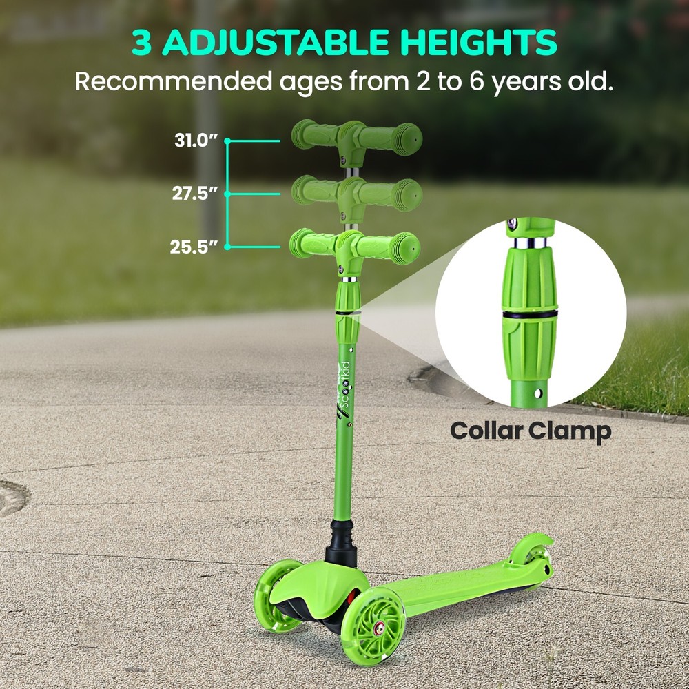 Hurtle Lightweight & Adjustable Mini Kickboard Scooter w/ LED Light Wheel -Green