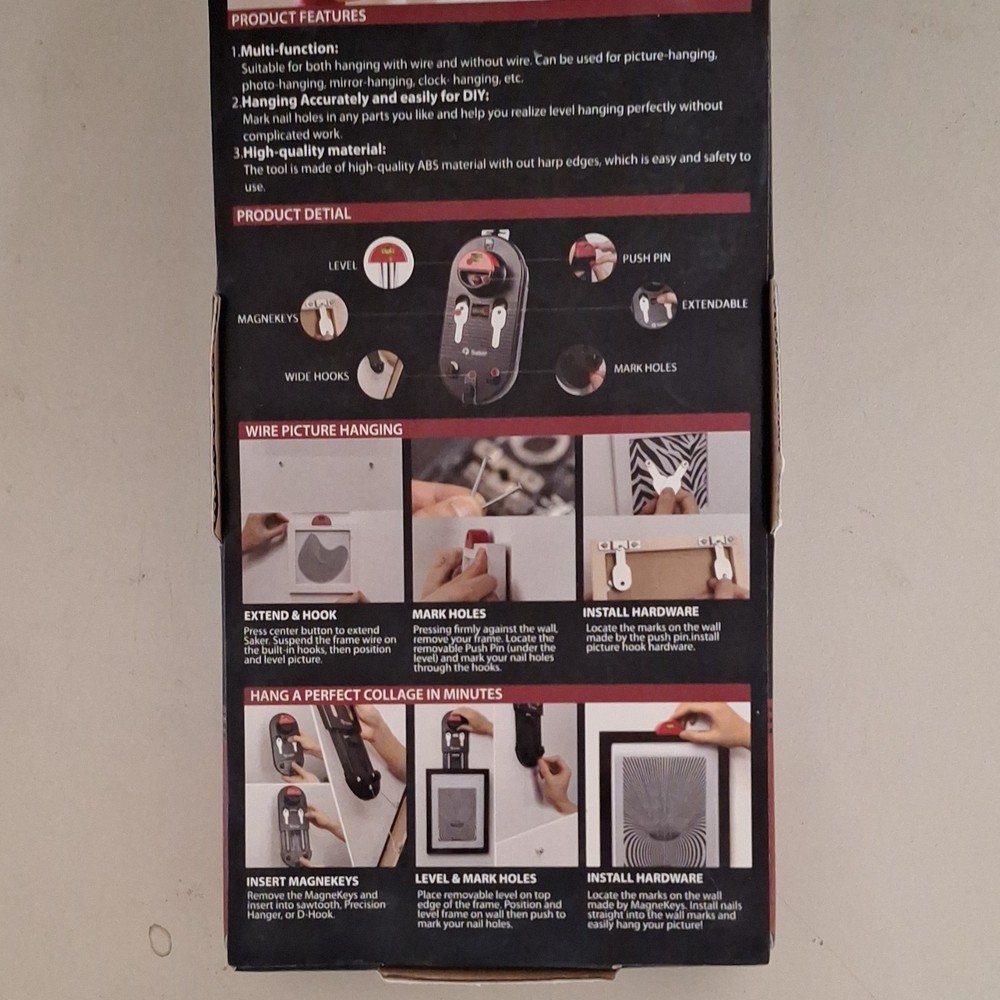 Saker Picture Hanging & Leveling Tool, Magnetic, Extendable, Black/Red