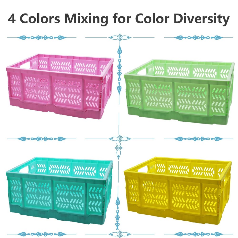 PTEREIW 20L Folding Crate, 4Pack Plastic Storage Baskets MIX COLOR-4PACK