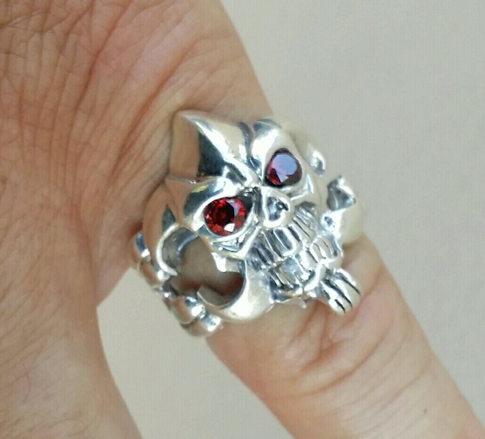 925 MENS SILVER RING motorcycle skull harley garnets ruby color