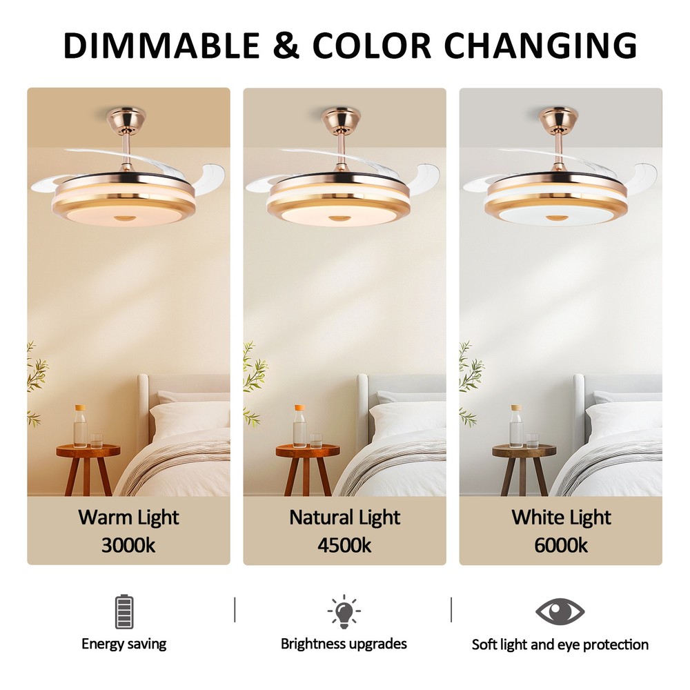 42" Retractable Invisible Ceiling Fan with LED Light with Remote