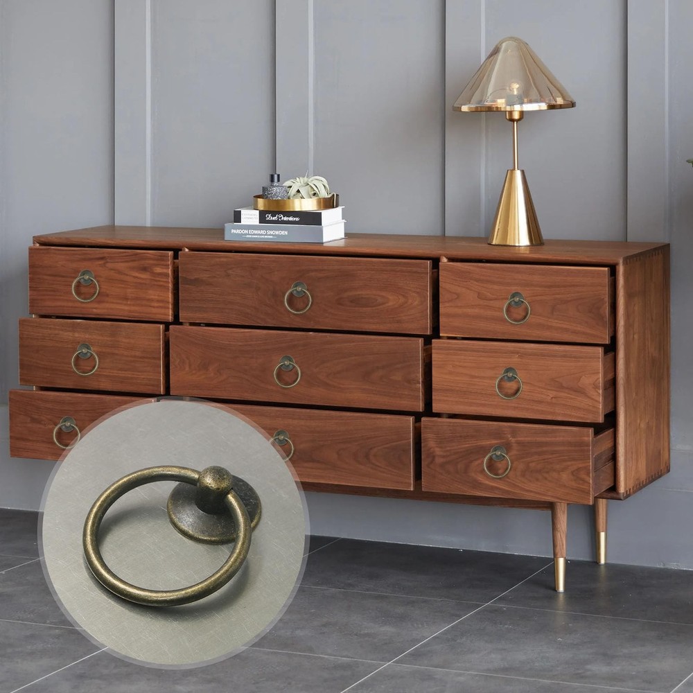 Zernmiarder 6pcs Antique Brass Drop Ring Drawer Pulls, Vintage