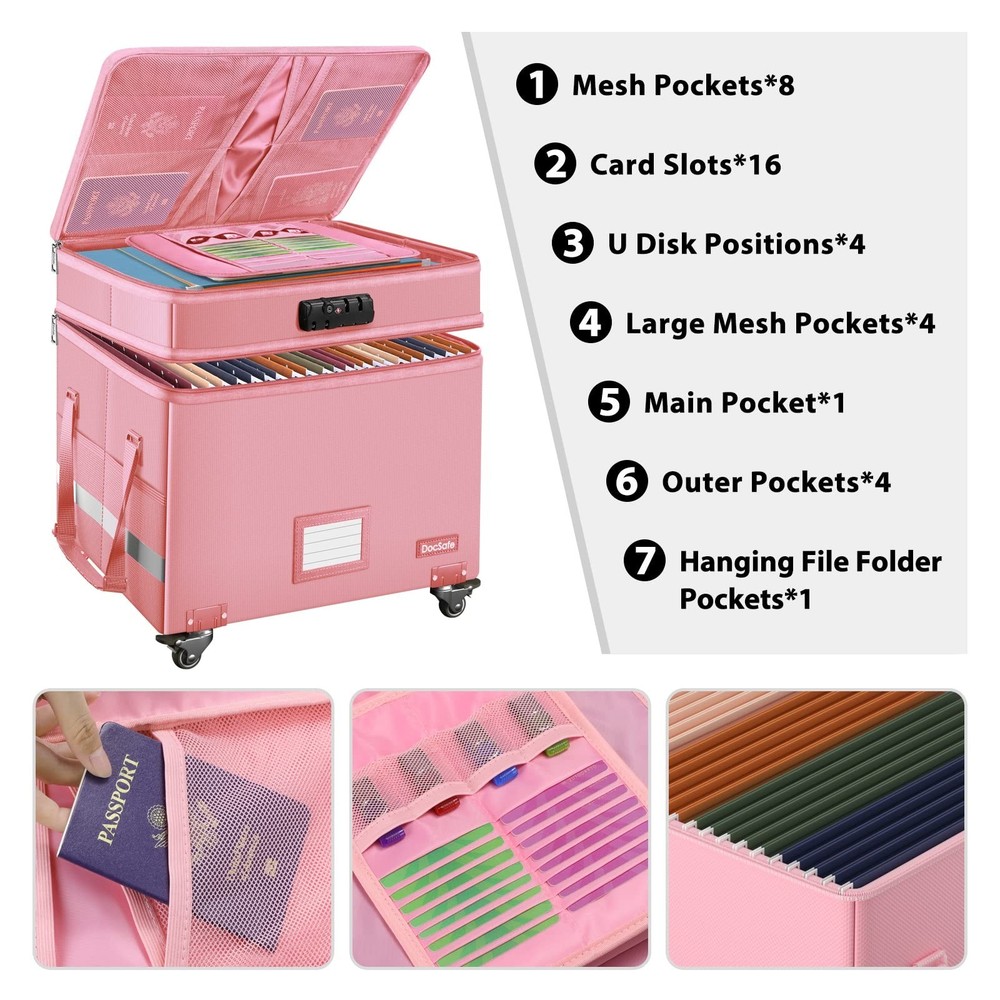 DocSafe File Box with Lock,2-Layer Fireproof Document Box with Wheels,Collaps...