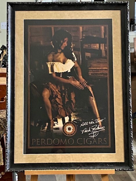 MUSEUM QUALITY FRAMED PERDOMO CIGAR AD PRINT w/PRINTED AUTOGRAPH ON CANVAS BOARD