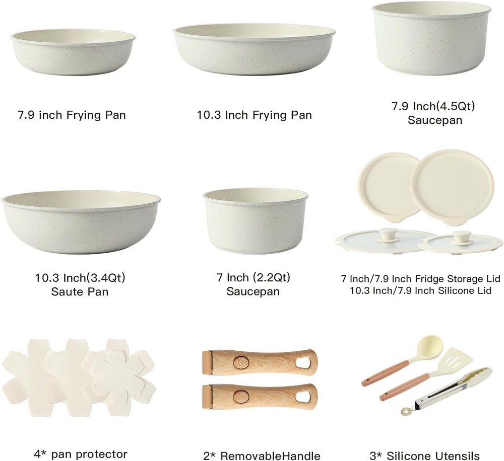 15PCS Ceramic Cookware Sets Detachable Handle Pots & Pans Set Non Stick White