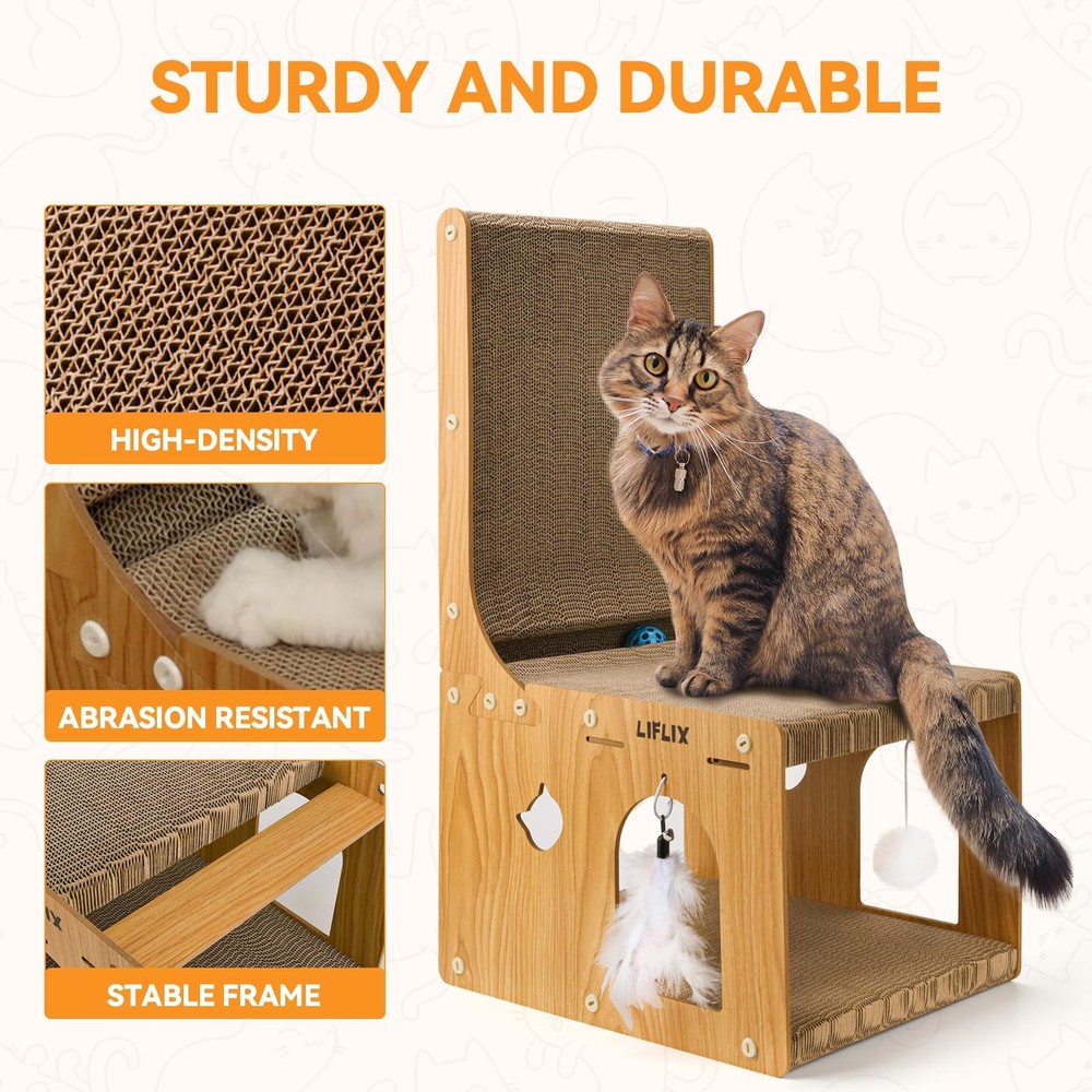 L-Shaped Double-Layer Cat Scratching Board Cardboard Post with Toys Hideaway