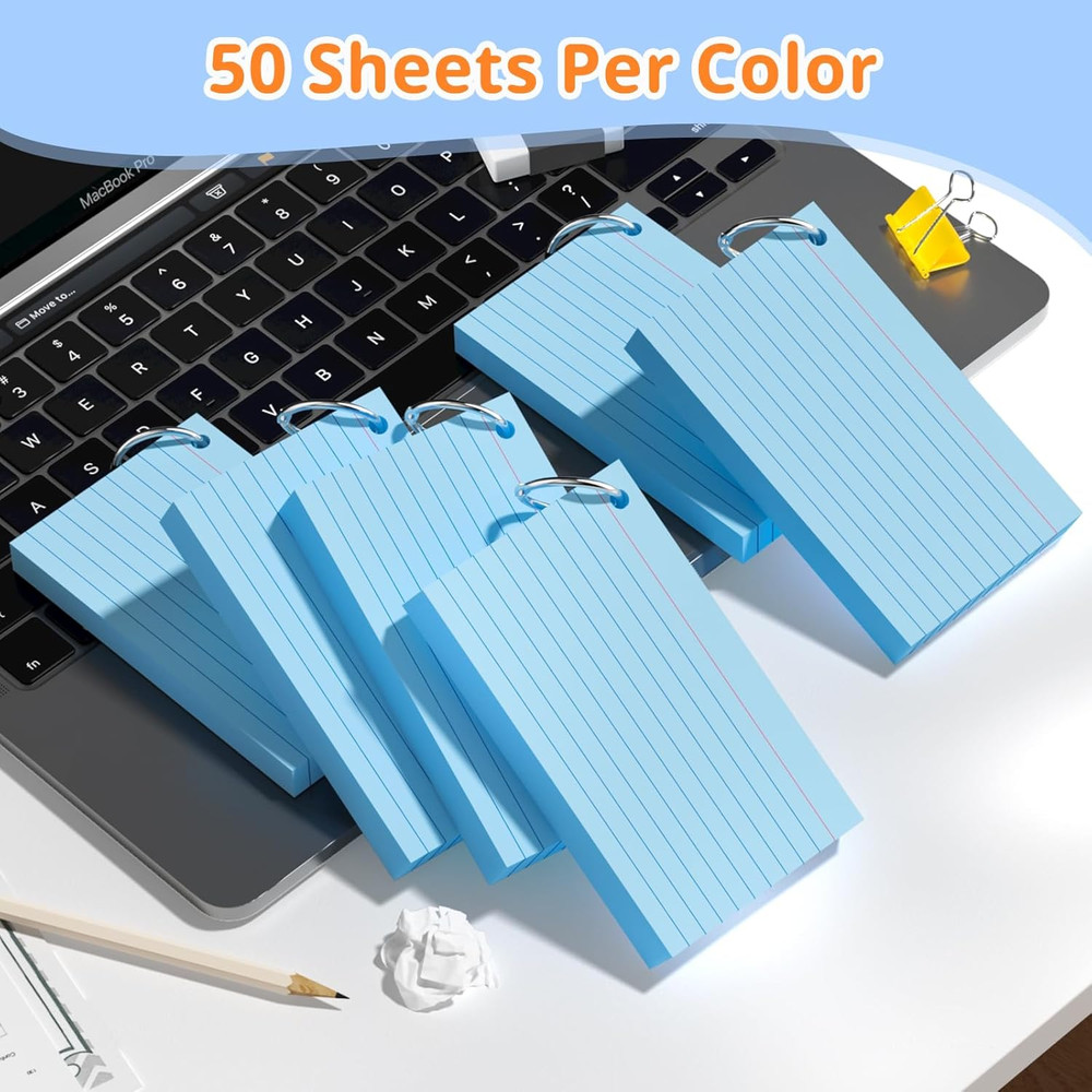 Index Cards 3X5 Inches, 300 PCS, Blue Flash Cards with Ring, Punched Lined Study