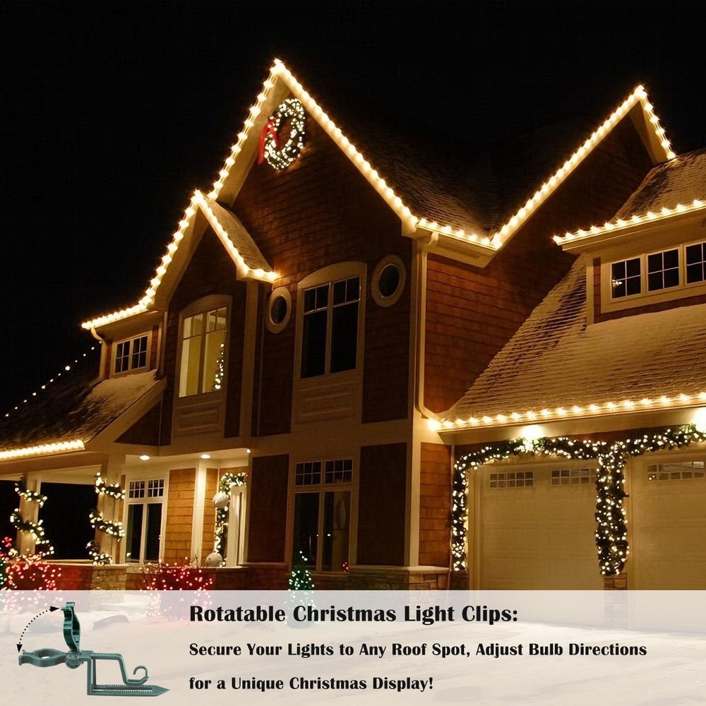 C9 LED Christmas String Lights, Quick Shingle Gutter Clips, 33 Ft End to End Con