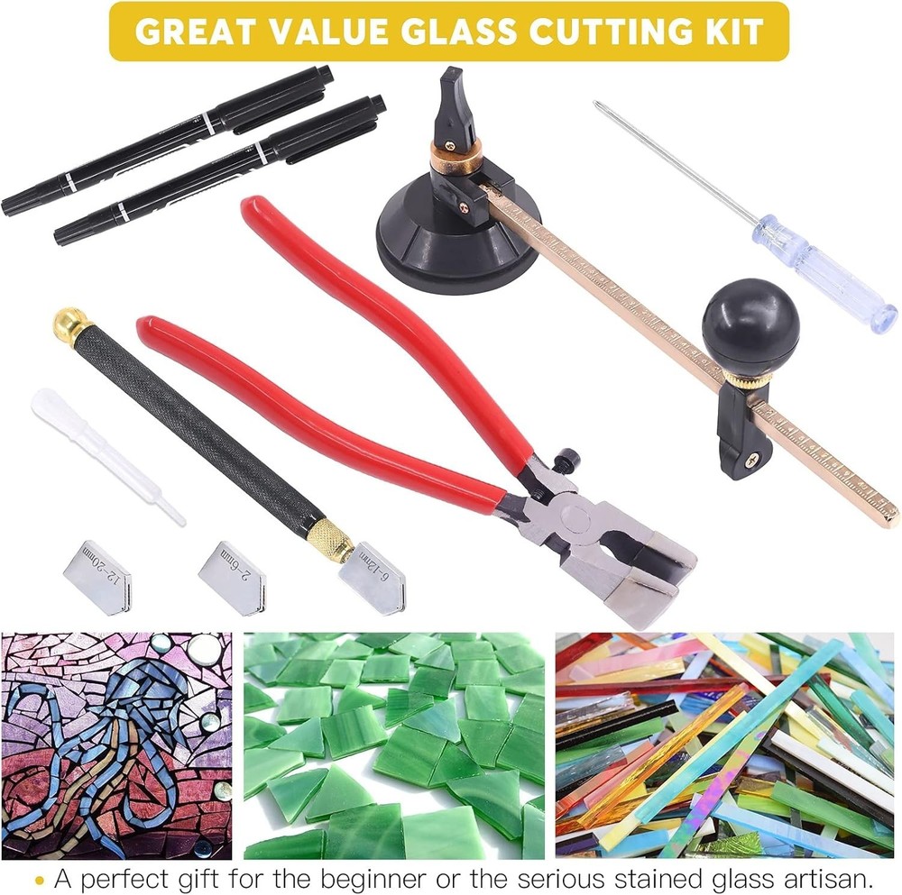 9 Pcs Glass Cutting Tool Set Kit Includes Adjustable Circular Glass Cutter,