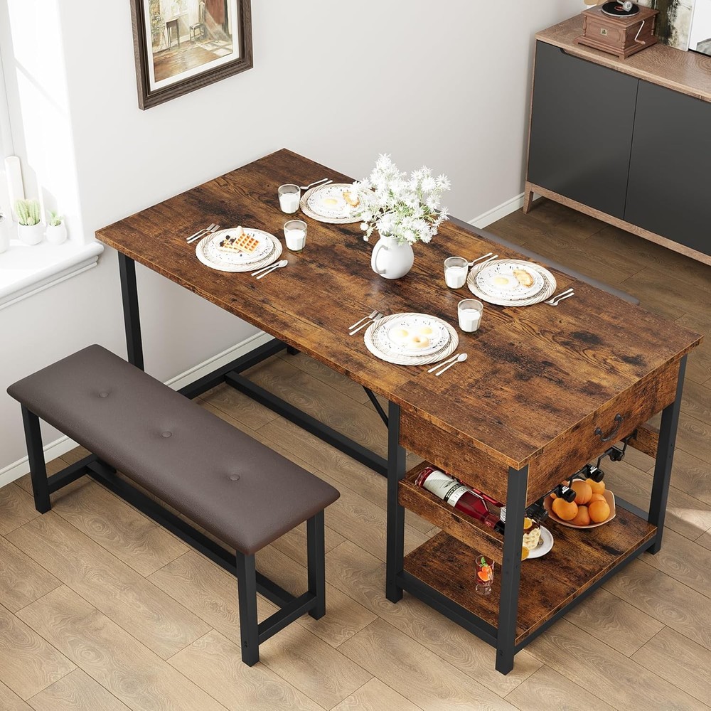 Compact Dining Table Set for 4 with Upholstered Benches Drawers Wine Rack