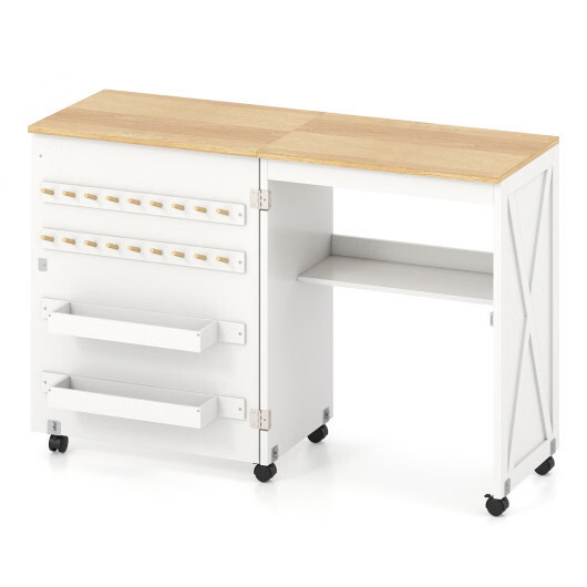 Folding Sewing Table with Storage Shelf and 5 Lockable Wheel-Natural and White -