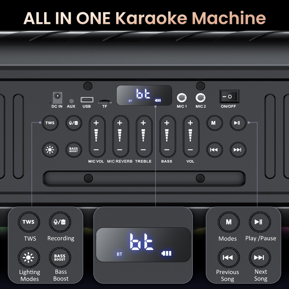 Party Speaker with 2 Wireless Microphnes Rechargeable Bluetooth Speaker Karaoke