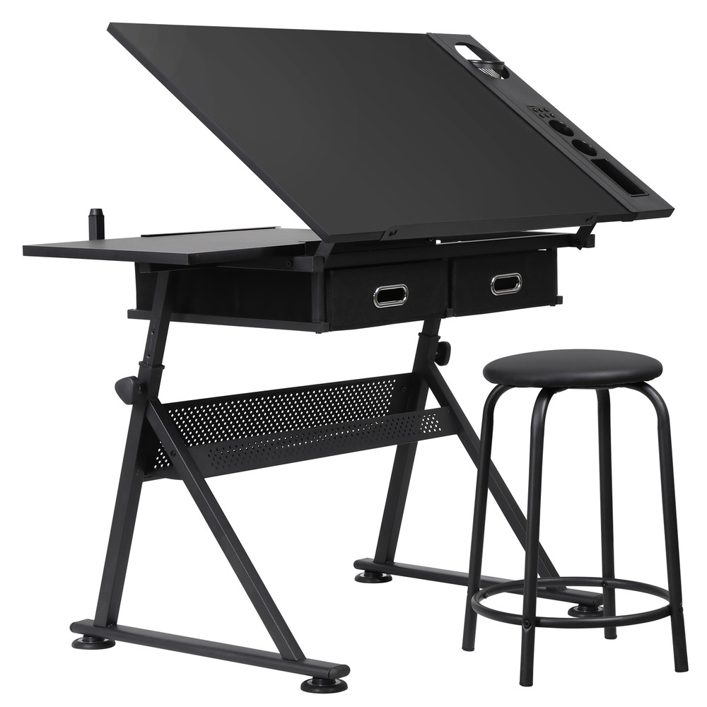 Drafting Table with Stool Adjustable Height Craft Table Office Workstation Black