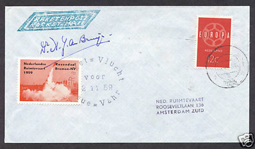 1959 NETHERLANDS rocket mail RHEDEN - signed de Bruijn - EZ 83C1