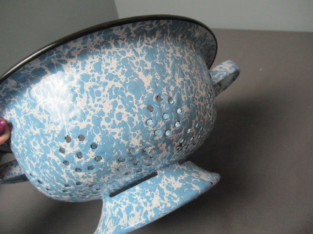 Enamelware Colander Light Blue & White Inside & Out - 2 Handles - 9 1/2" w - 242