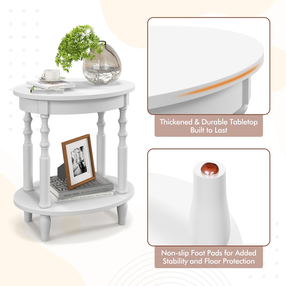 2-Tier End Table Oval Compact Sofa Side Nightstand w/ Storage Shelf White