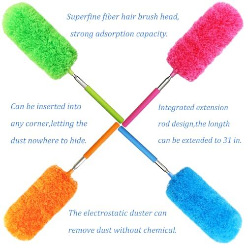 4 Pack Microfiber Feather Duster, with Extendable Pole and Bendable Head,