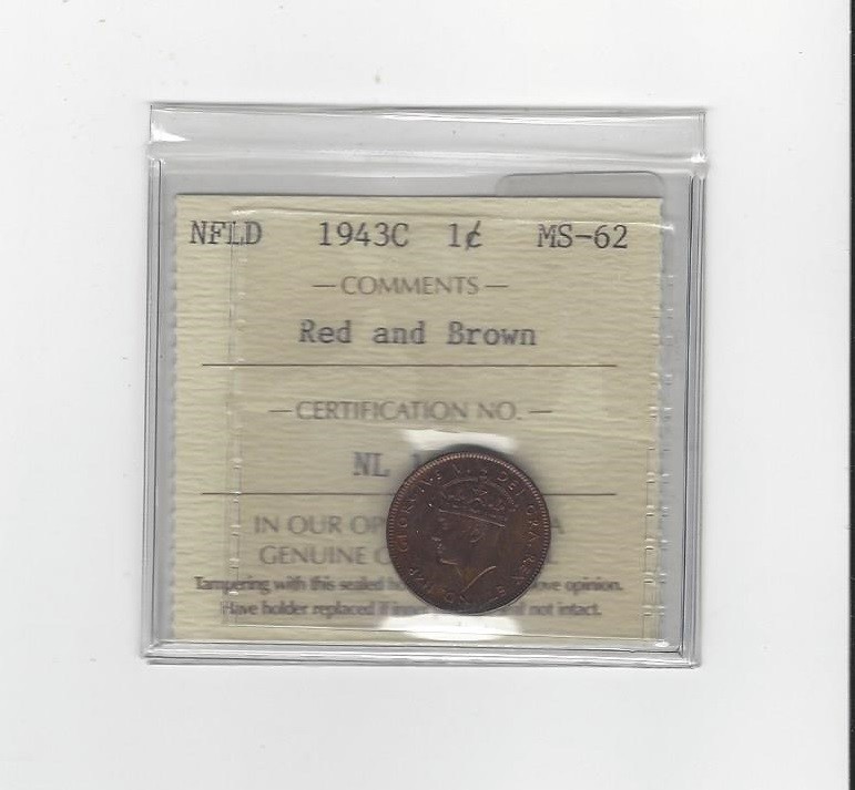 1943c, ICCS Graded Newfoundland, Small One Cent, **MS-62**