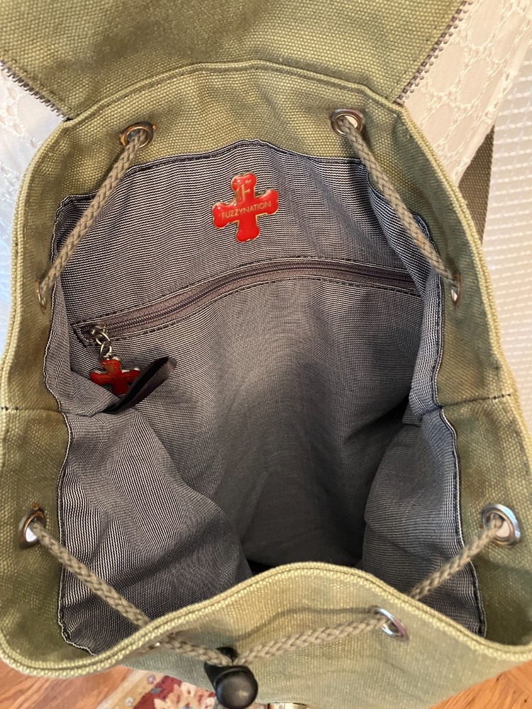 FUZZYNATION Backpack, Pug, Army Green Canvas with Tag, Pre-Owned