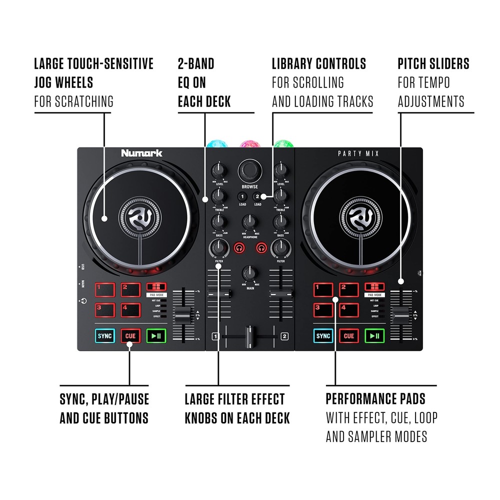 Numark Party Mix II - DJ Controller with Party Lights, DJ Set with 2 Decks, D...