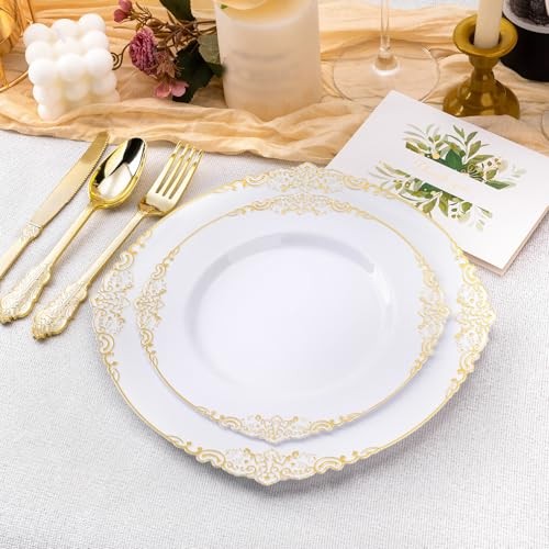 PCS White and Plastic Plates for 100 Guests Disposable Plates Include 200 Gold