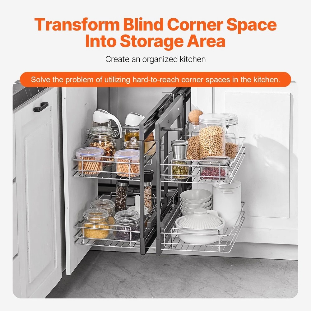 Min 15"W Opening Blind Corner Pull Out Organizer, 2 Tier 4 Shelf Kitchen Cabinet