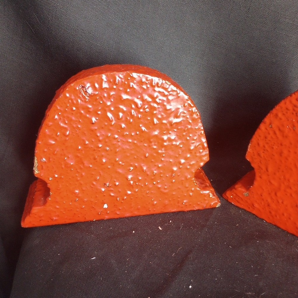 Vintage Orange Red Painted Bumpy Composite Ship Bookends Rustic As Is 5.75" Tall