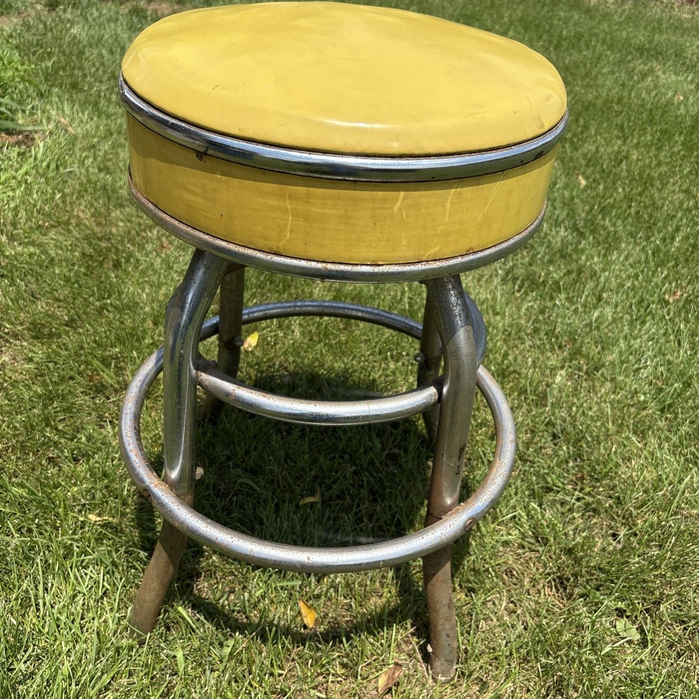 Vintage Yellow Bar/Kitchen Stool Drafting Chrome Legs Foot Bars
