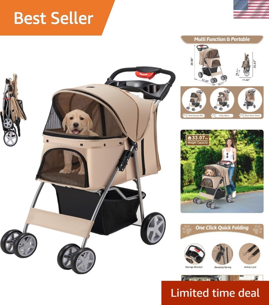4-Wheel Pet Stroller with Comfortable Cushion & Safety Lock - 33 lbs Capacity