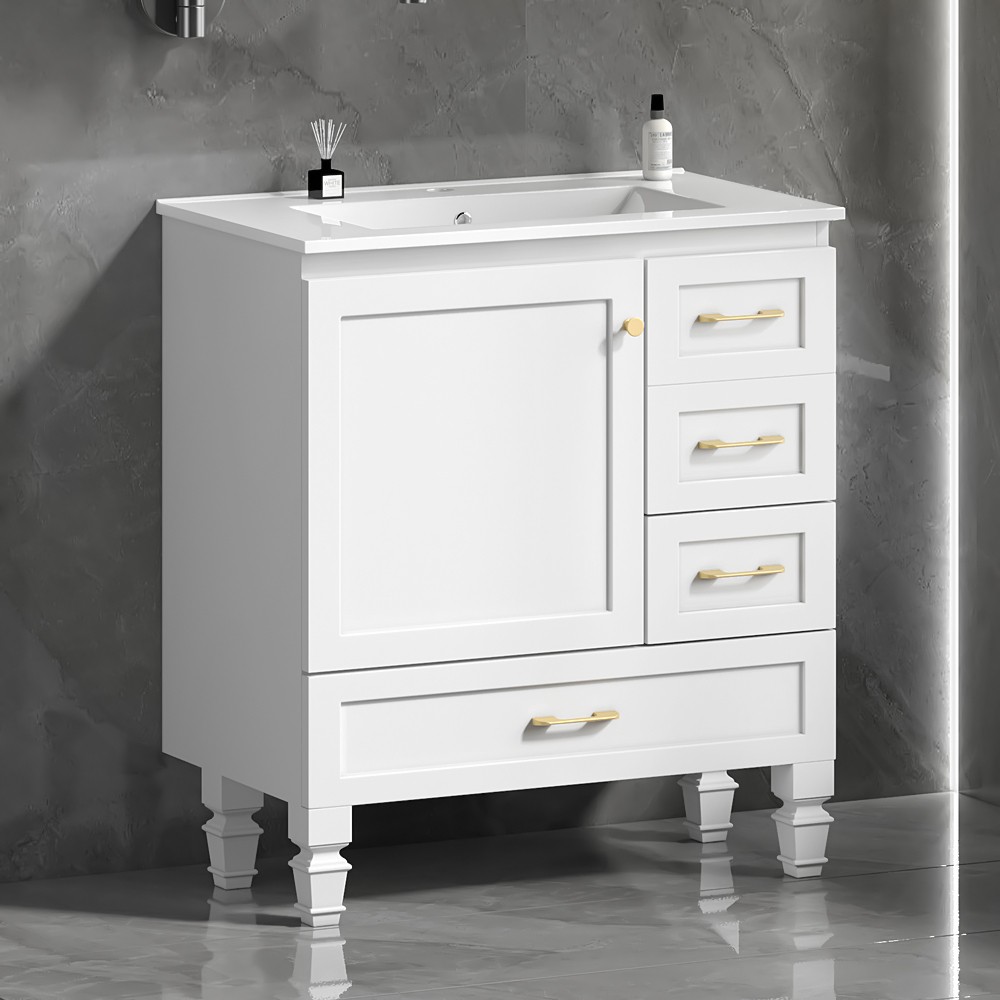 30" White Bathroom Vanity w/ Soft Close Doors & 3 Drawers