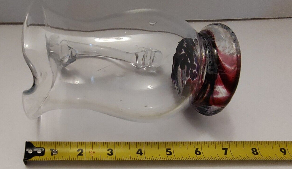 Hand Blown Clear Pitcher with Purple Swirl Base Unknown Maker 7"