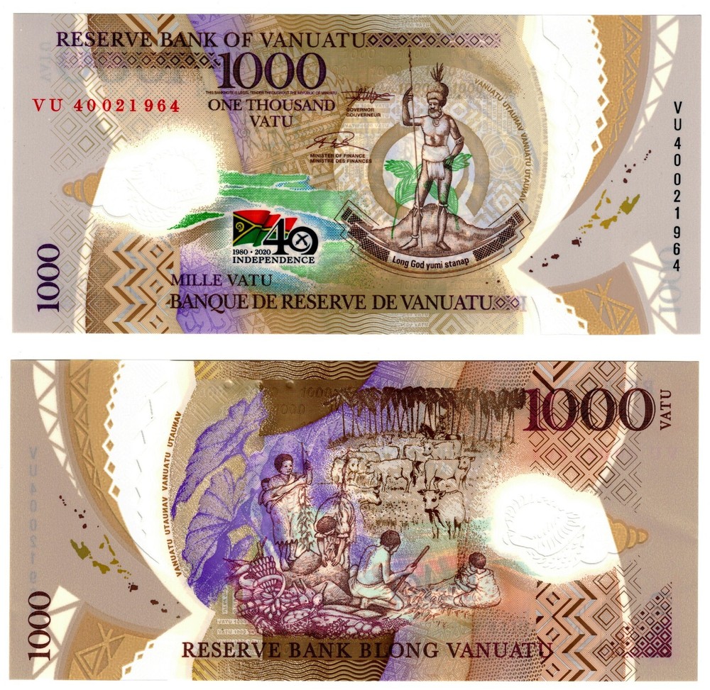 2020 Vanuatu Banknote UNC P21 1000 Vatu Polymer 40th Folder Commemorative