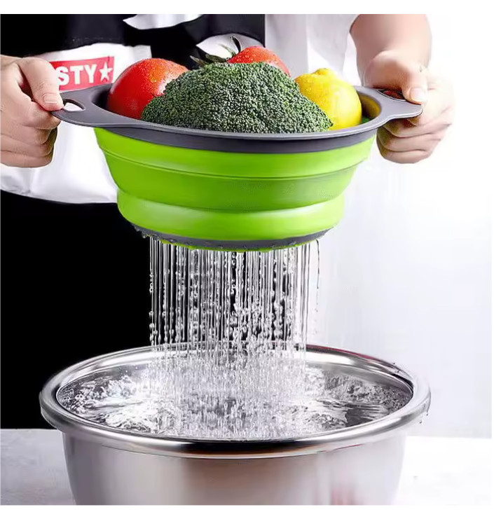 Basket Collapsible Colander Round Silicone Kitchen Strainer (1 Pcs - Green)