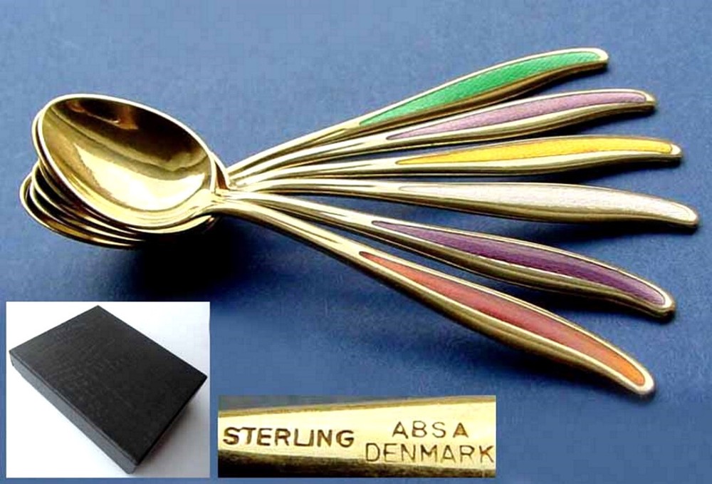 Rare Set 6 Stylish Spoons Enamel STERLING Silver ABSA 1950s B832
