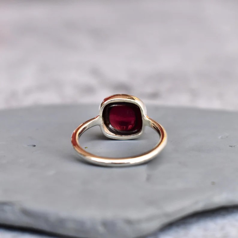 Solid 925 Sterling Silver Cushion Red Garnet Genuine Healing Gemstone Ring