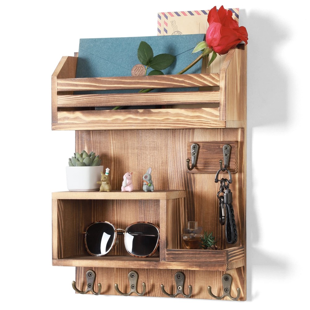Mutsault Key Holder for Wall, Wall Mounted Rustic Pine Wood Mail Organizer