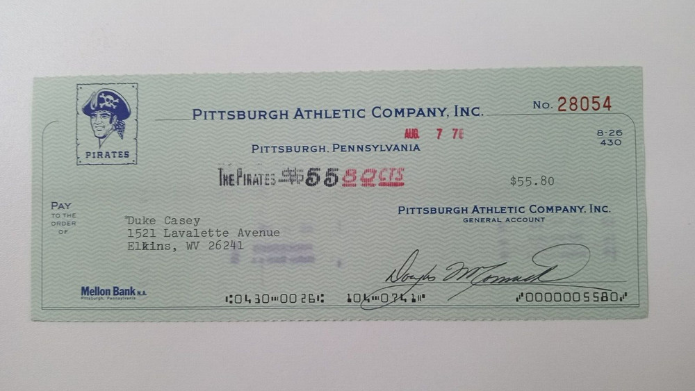 Duke Casey: 1978 Pittsburgh Pirates Expense Check